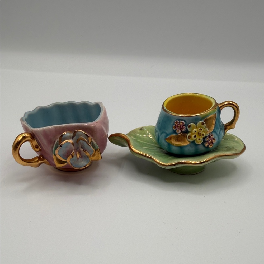 Miniature Vintage Floral Tea Cups with Gold Accents - Pink and Blue Ceramic Set